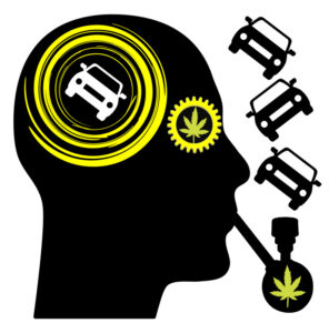 cartoon head trying to concentrate on driving while using cannabis