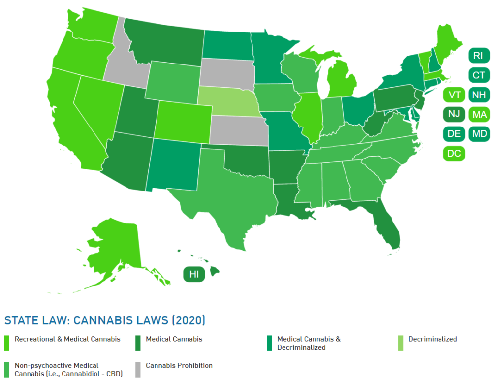 Color coded map of US with State Cannabis Laws 2020