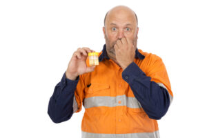 A man with a worried expression staring into camera. He is a urine sample cup for a drug screening test.