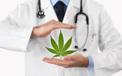 medical doctor holding marijuana leaf