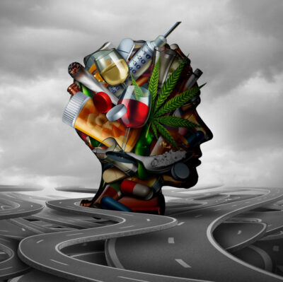 3D illustration of person under the influence of multiple drug and alcohol substances